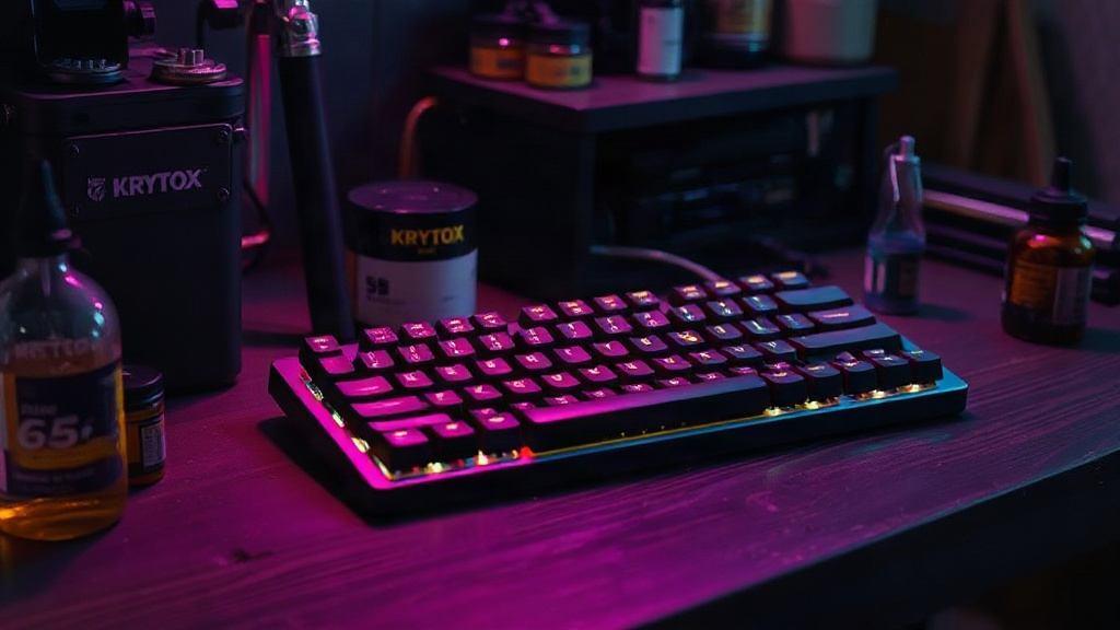 Keyboard and grease jars on a dark workbench